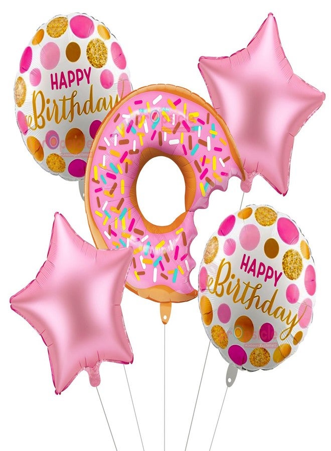 بروبسيكل بالونات عيد ميلاد للبنات بتصميم دونات مصاصة، عبوة من 5 بالونات - زينة حفلات وردية بنقشة أميرة، خلفية تصوير للأطفال والكبار - Image 1